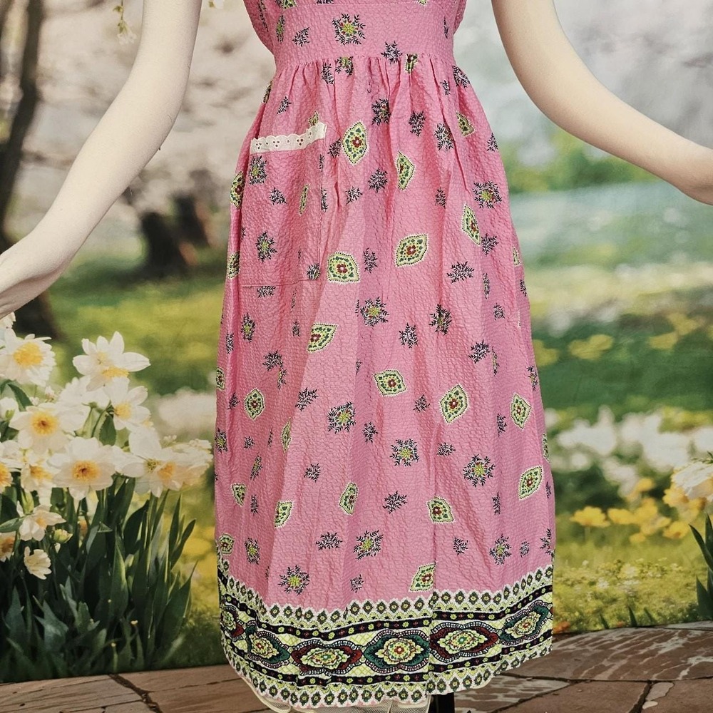 Vintage 1950s Searsucker Bright Pink & Green Floral Dress Lace Trim Sleeveless - Picture 4 of 8
